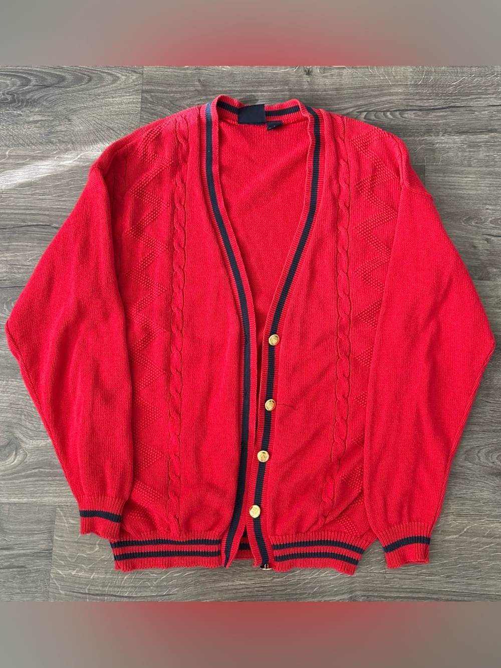 Vintage Dockers Red Cable-Knit Cardigan with Navy Trim